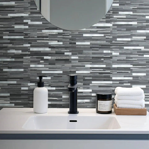 Bathroom with Peel And Stick Backsplash Tile Set With Black And Grey Wood Grain Look PVC Mixed Metal Finish, 10 Sheets Covering About 9.26 Sq Ft, Strong 3M Adhesive Backing, No Glue Needed, Easy DIY Kitchen Remodel.