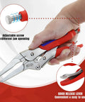 9 Inch Needle Nose Locking Pliers With Cr V Steel Jaws Adjustable Clamping Screw in hand showing adjustable jaw and quick release lever.