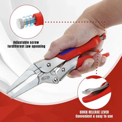 9 Inch Needle Nose Locking Pliers With Cr V Steel Jaws Adjustable Clamping Screw in hand showing adjustable jaw and quick release lever.