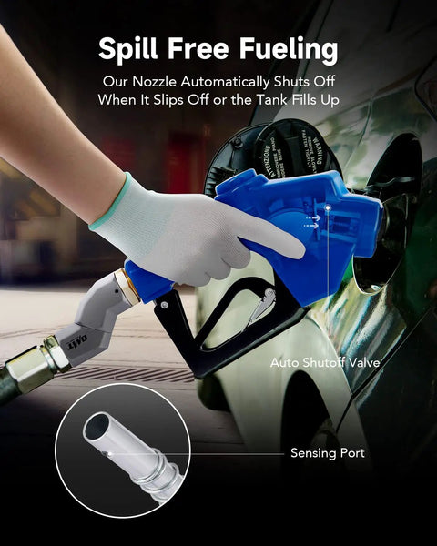 Person using Automatic Fuel Nozzle Kit With 360 Degree Hose Swivel And Auto Shut Off, 1 Inch NPT Gasoline Diesel Kerosene Refueling Nozzle