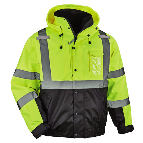Hi Vis Reflective Winter Bomber Jacket With Zip Out Fleece Liner, Black Bottom, ANSI Compliant, Weatherproof Windproof