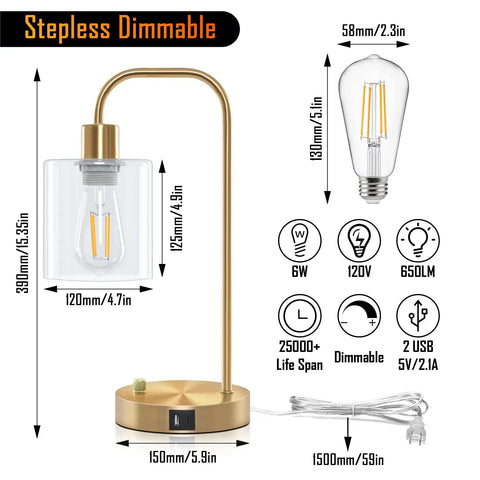 Gold Industrial Stepless Dimmable Table Lamps Set Of 2 With Knob Control And USB A C Ports Brass Desk Lamps dimensions and features.