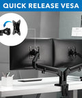 Heavy Duty Dual Monitor Desk Mount Featuring Smooth Gas Spring Float For 17 To 32 Inch Screens with quick release VESA.