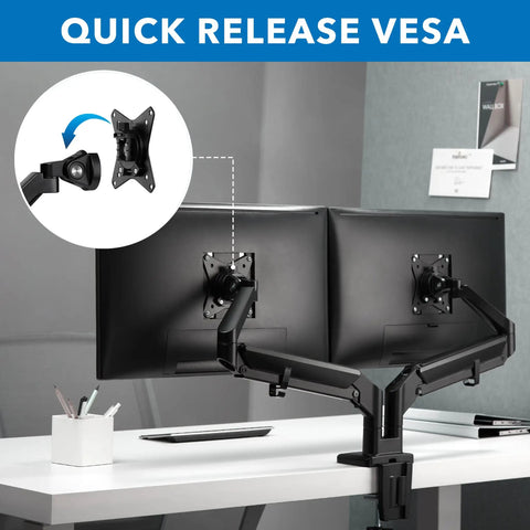 Heavy Duty Dual Monitor Desk Mount Featuring Smooth Gas Spring Float For 17 To 32 Inch Screens with quick release VESA.