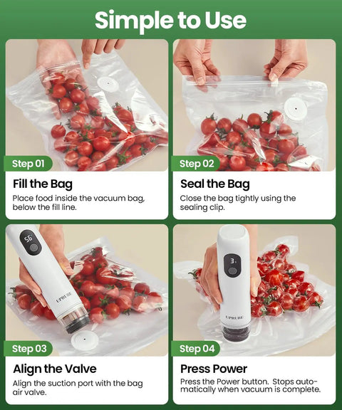 Steps to use Compact Food Vacuum Sealer With LED Display And Liquid Drainage Tube for sealing bags with tomatoes