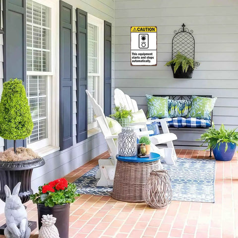 Heads Up Caution Sign For Equipment That Starts And Stops Automatically Aluminum 8x12 Inch Industrial Safety Reminder on patio wall