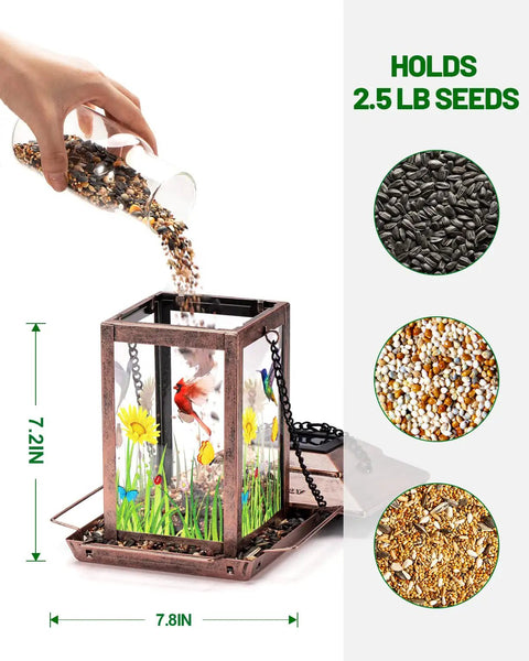Solar Bird Feeder And Lantern For Outdoors Chew Proof Metal Feeder With Big Two And A Half Pound Seed Capacity Easy Fill Hangin