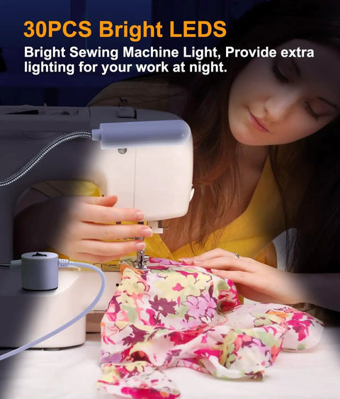 30 LED Sewing Machine Light with Flexible Gooseneck and Magnetic Mount on sewing machine, providing bright task lighting