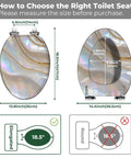 Measuring guide for Elongated Toilet Seat with Cover for Bathroom, includes dimensions for installation compatibility.
