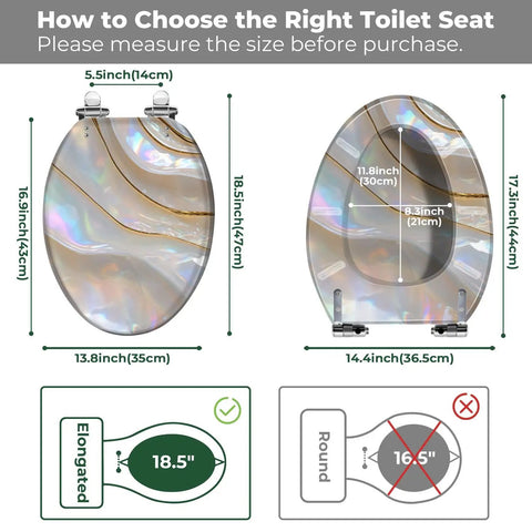 Measuring guide for Elongated Toilet Seat with Cover for Bathroom, includes dimensions for installation compatibility.