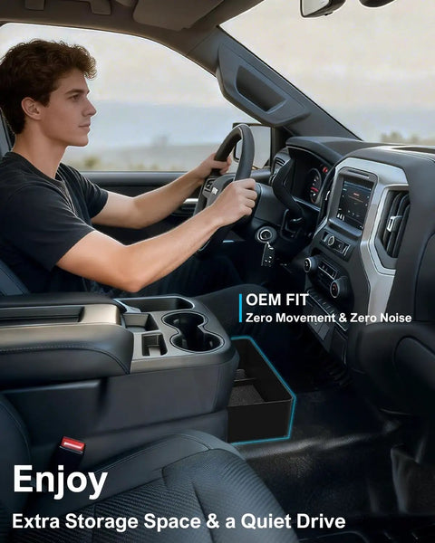 Driver in truck using Center Console Hanging Organizer Box With Compartments For Split Bench Seats for 2019-2026 Silverado.