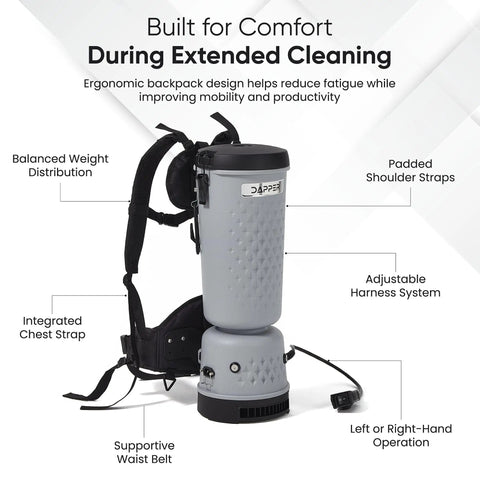 Dapper Durable 13 Pound Lightweight Backpack Vacuum Cleaner With Hepa Filter And 10.5 Qt Capacity Perfect For Hard Floors Carpet Stairs And Offices Featuring Padded Straps Chest Harness And Waist Belt For Comfortable Extended Use