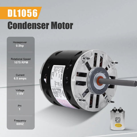DL1056 condenser blower motor with sleeve bearing, side view; 0.5hp, 1075 RPM, 115V, 48-frame, with capacitor
