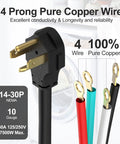 Heavy Duty 4 Prong Dryer Power Cord 30 Amp 5 Feet With Ring Terminal Connectors In Four Colors Pure Copper Wire NEMA 14 30P