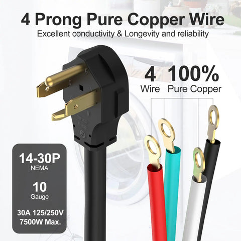 Heavy Duty 4 Prong Dryer Power Cord 30 Amp 5 Feet With Ring Terminal Connectors In Four Colors Pure Copper Wire NEMA 14 30P
