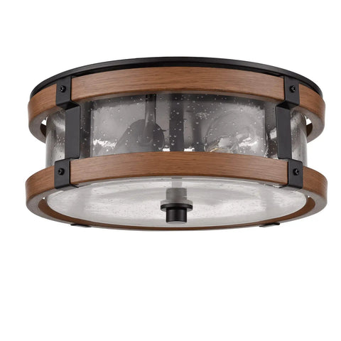 Industrial Farmhouse Two Light Drum Ceiling Fixture With Seeded Glass Shades In Black And Rustic Wood Grain Finish