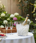 Four Liter Plastic Champagne Ice Bucket Chiller With Thick Clear Body And Two Easy Grip Handles on a table outdoors