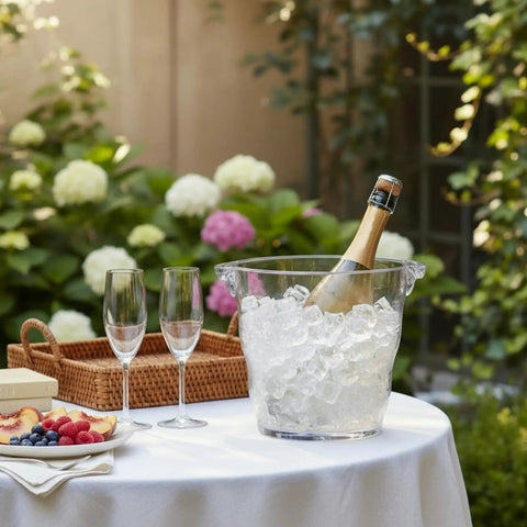Four Liter Plastic Champagne Ice Bucket Chiller With Thick Clear Body And Two Easy Grip Handles on a table outdoors