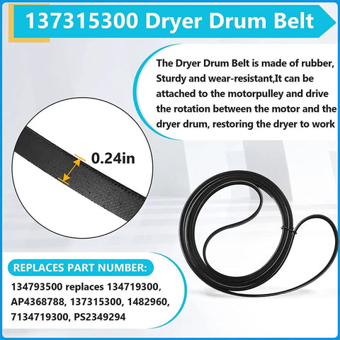 DIY Dryer Repair Kit For Electrolux And Frigidaire - Belt 137315300 shown with close-up and full coil view, 0.24in thick.