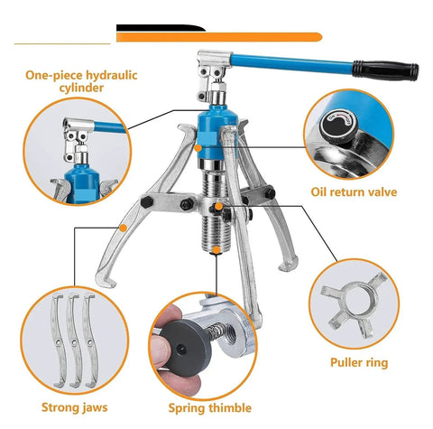 Slick Heavy Duty 10 Ton Hydraulic Gear Puller Set With Two And Three Jaw Wheel Bearing Extractor Kit showing hydraulic cylinder and strong jaws.