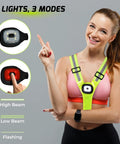 Woman wearing Lit Up Running Vest With 360 Visibility, Reflective Chest And Red Back LED Lights Washable And Durable Gear