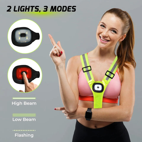 Woman wearing Lit Up Running Vest With 360 Visibility, Reflective Chest And Red Back LED Lights Washable And Durable Gear