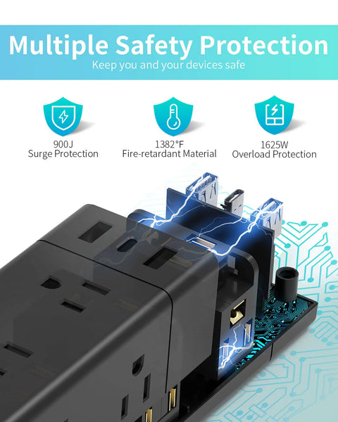 Safety features of Flat 5 Ft Power Strip With USB C And 3 USB Ports 12 Outlets Surge Protector, highlighting protection levels.