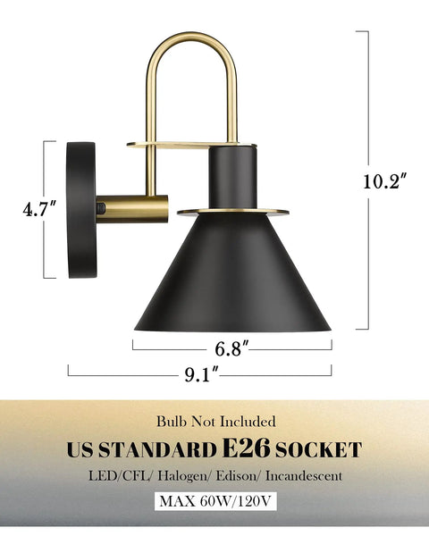 Diagram of Set Of 2 Industrial Wall Sconce Lights Modern 1 Light Vanity Fixtures In Matte Black With Brushed Gold Interior