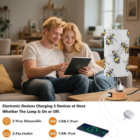 Bee Watercolor White Decor Bedside Table Lamp With 3 Way Dimmable Touch Control And Built In Charging Station for Bedroom