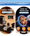 Zhrui All-Metal Mini Lathe 50mm Capacity, 20k RPM High Speed Precision Engine with library-quiet motor and safety features.