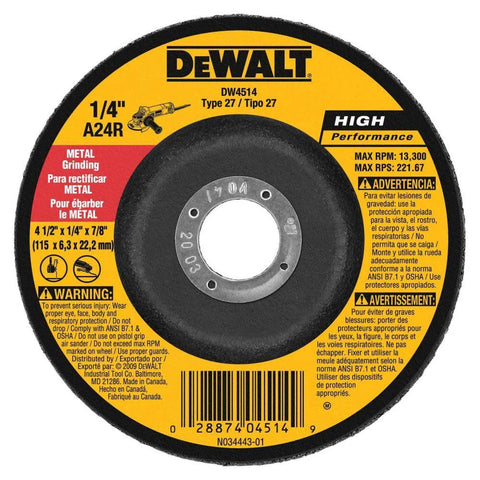 DEWALT grinding wheel, 4-1/2 in diameter, 1/4 in thick, 7/8 in arbor