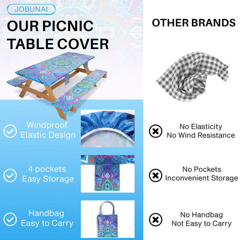 Waterproof Picnic Table Cover With Bench Covers For 6 Foot Rectangular Tables Elastic Fitted Tablecloth perfect for easy use and transport.