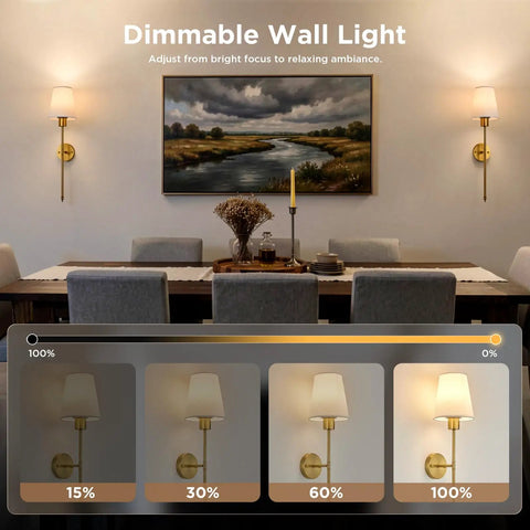 No Wiring Headaches Premium Gold Wall Sconces Set Of Two Battery Operated Cordless Light Fixtures With E26 Socket And Rechargeable Bulbs Sleek Modern Room Decor And Quick Install shown in dimming options.