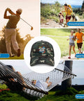 Camo Unisex Cotton Baseball Hat Trucker Cap Dope Breathable Dad Hat surrounded by outdoor activities like golf, hiking, and relaxing.