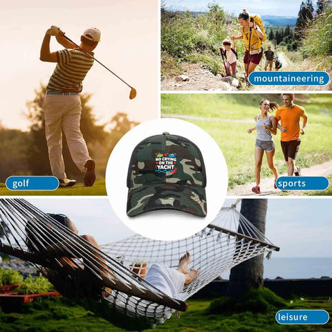 Camo Unisex Cotton Baseball Hat Trucker Cap Dope Breathable Dad Hat surrounded by outdoor activities like golf, hiking, and relaxing.