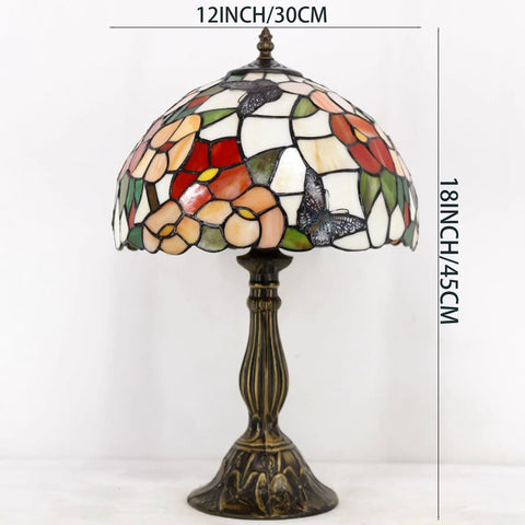 Pink Tiffany Style Table Lamp With Butterfly Stained Glass Shade, 12x12x18 Inches, Antique Green Bronze Base, S275 Series