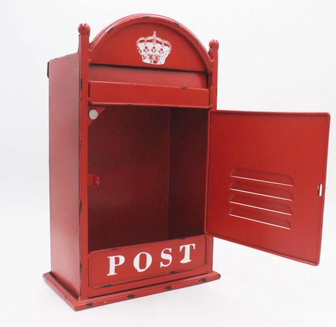 Vintage Rustic Wall Mounted Post Box Mailbox In Iron With Powder Coated Red Finish, Old School Industrial Style For Home Decor
