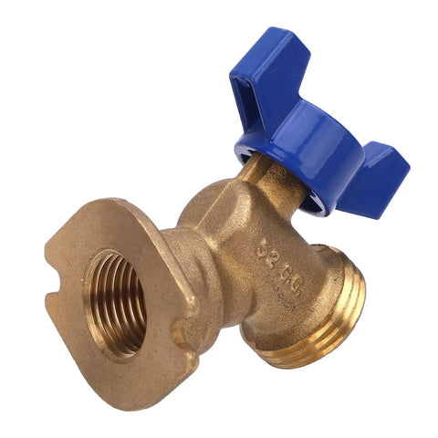 Heavy Duty Quarter Turn Ball Valve Brass G1/2 Female Thread To G3/4 Male Thread Plumbing Connector For House Water Lines angled view with blue handle.
