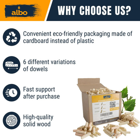 Top Shelf Kiln Dried Birch Dowel Pins assortment kit in eco-friendly cardboard packaging for furniture repair.