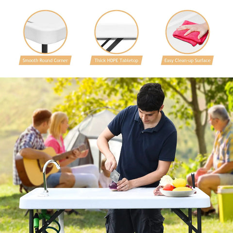 Man using Portable Outdoor Fish Cleaning Table With Sink And Sprayer at picnic outdoors, showing smooth HDPE surface and 360° faucet.