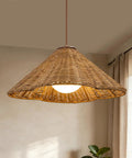 DLITISH 19'' Hand Woven Rattan Pendant Light with Glass Shade viewed from beneath showing open-weave design and light source.