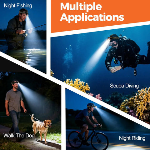 Rechargeable Underwater Diving Headlamp With 4 Modes IPX8 Waterproof Scuba Flashlight for night fishing, diving, walking, riding.