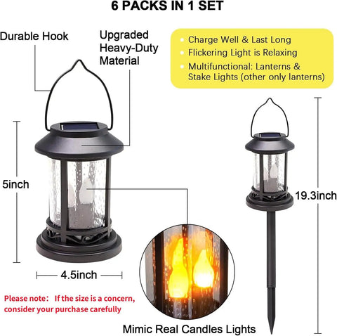 Six Pack Solar Lantern Lights with realistic flickering candle effects, black design, 5-inch lantern on 19.3-inch stake, weatherproof