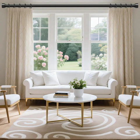 Heavy Duty Telescoping Curtain Rod Set Adjustable 36 To 144 Inch 1 Inch Diameter Black Finish Easy Install Supports Up To 30 Pounds Sturdy Steel Construction For Large Windows And Drapery Modern Window Treatment Rod displayed in a stylish living room.