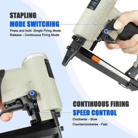 Hand operating Pneumatic Continuous Firing Upholstery Stapler 22 Gauge 71 Series Crown Staple Gun with mode and speed controls