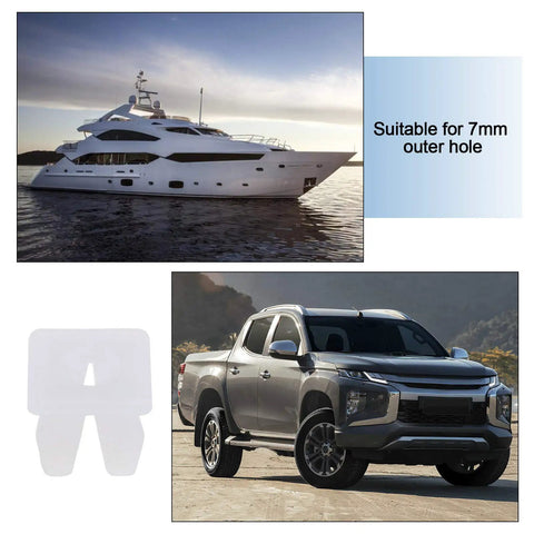 Twenty Pack White Plastic Vehicle Screw Grommets Expandable Insert Nuts Heavy Duty Mounting Clips For Car Boat Truck Slick Easy Install Top Shelf Hella Durable Hardware Universal Fits 7X7MM Hole Ride Ready Gear Up shown with boat and truck.