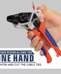 One-Handed Stainless Zip Tie Gun Kit With 100 11.8 Inch Metal Cable Ties And Release Tool WCT-319 held in hand showing use