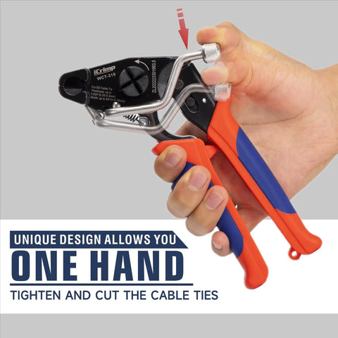 One-Handed Stainless Zip Tie Gun Kit With 100 11.8 Inch Metal Cable Ties And Release Tool WCT-319 held in hand showing use