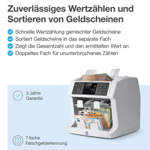 Heavy Hitter Multi Currency Money Counter Machine That Value Counts And Sorts Mixed Banknotes With 7 Point Security Counterfeit Money Detector Ripping Through 1200 Bills Per Minute showing front view with bills sorting.