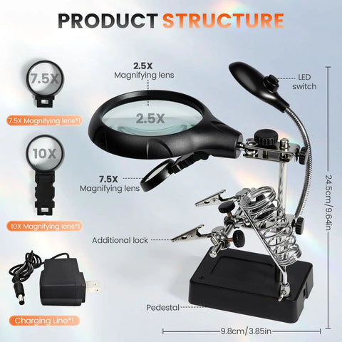 Desktop LED Magnifying Glass Soldering Station With Handy Helping Hands showing 2.5X, 7.5X, 10X lens, LED light, alligator clips.